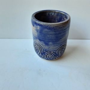 Art Pottery Waves Swirls Handthrown Blue Salt Glazed 4.5" Drinkware Cup Tumbler